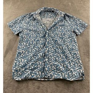 Perry Ellis Blue White Botanical Fern Leaf Print Cotton Button Up Shirt Womens M